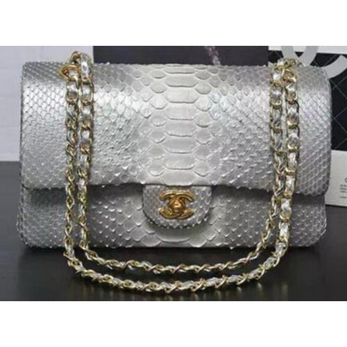 Bolsos con solapa Chanel Serie 2.55 Gris y blanco Cuero de pitón original A1112SA Oro