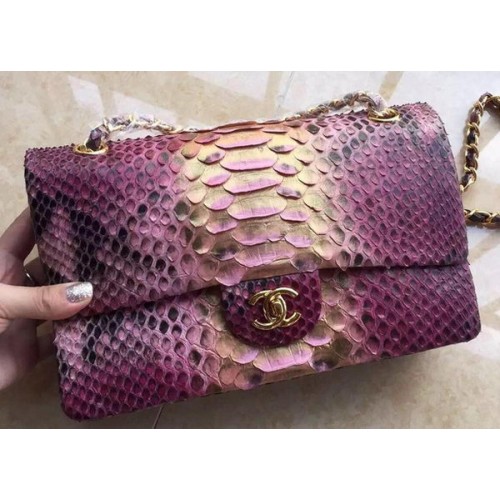 Chanel 2.55 Series Flap Bolsos Light Purple Pink Original Python Leather A1112SA Gold