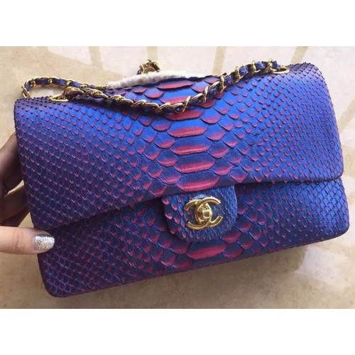 Chanel 2.55 Series Flap Bolsos RoyalBlue Original Python Leather A1112SA Oro