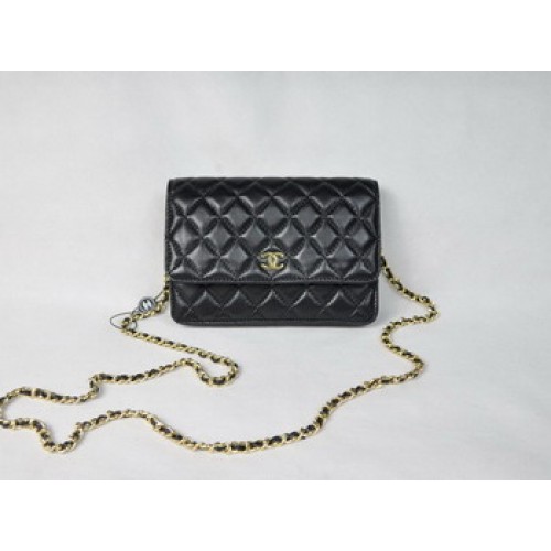 Chanel Bolso de Piel de Cordero 33814 Negro con Cadena Dorada