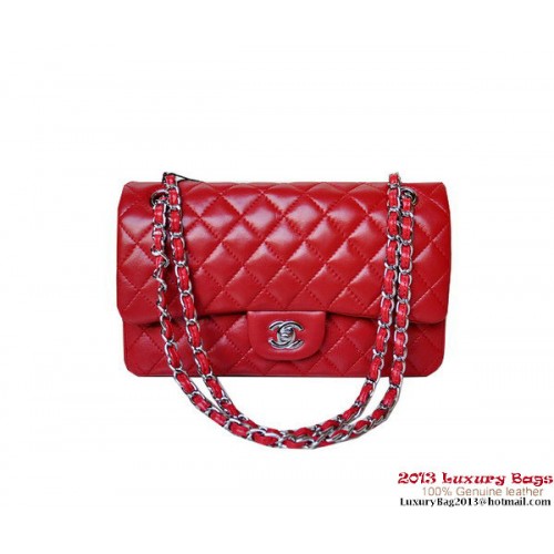 Chanel A01112 Bolso clásico con solapa Piel de oveja roja Plata