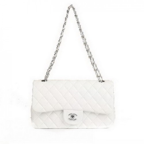 Chanel 2.55 Series Flap Bag A01112 Cuero blanco Herrajes plateados