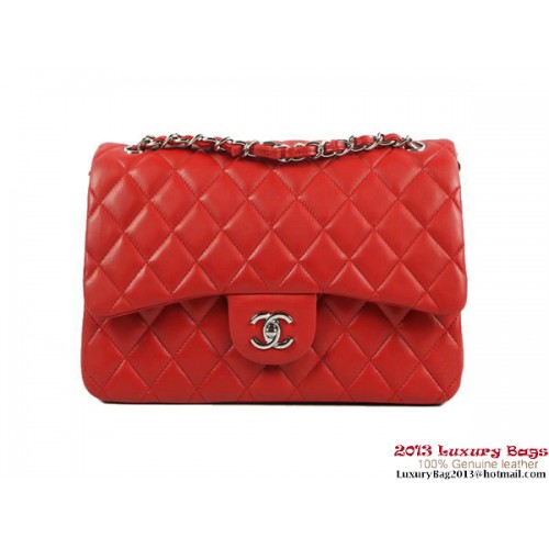 Chanel A01113 Bolso Clásico con Solapa Rojo Cuero Original Plata