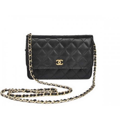 Nuevo Barato Chanel A33814 Bolso Con Solapa De Cuero De Grano Negro Dorado