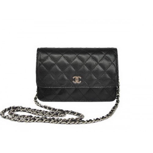 Nuevo Barato Chanel A33814 Bolso Con Solapa De Cuero De Grano Negro Plata