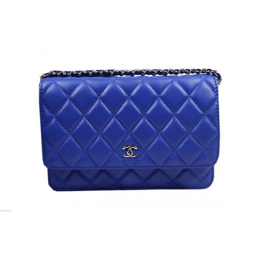 Chanel CHA33814 Bolso mini con solapa de piel de oveja original azul Plata