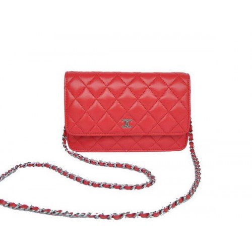New Color Chanel A33814 Bolso con solapa de cuero de piel de oveja roja Plata