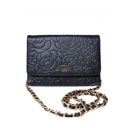 Chanel A47421 Bolso mini con solapa de piel de cordero negro Dorado