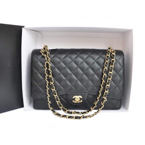 Chanel A47600 Negro Original Caviar Leather Jumbo Flap Bag Dorado