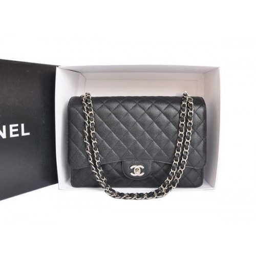 Chanel A47600 Negro Original Caviar Leather Jumbo Flap Bag Plata