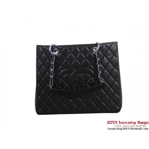 Chanel A50995 Negro Original Cannage Bolso De Hombro De Cuero Plata