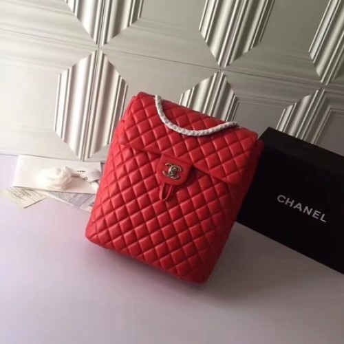 Chanel Mochila Original Piel De Oveja 91122 Rojo