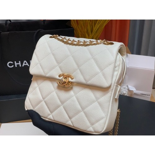 Chanel Mochila de piel de becerro granulada Cuero original AS3108 blanco