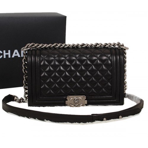 Chanel Black Sheppskin Leather Le Boy Flap Shoulder Bag A67086 Plata