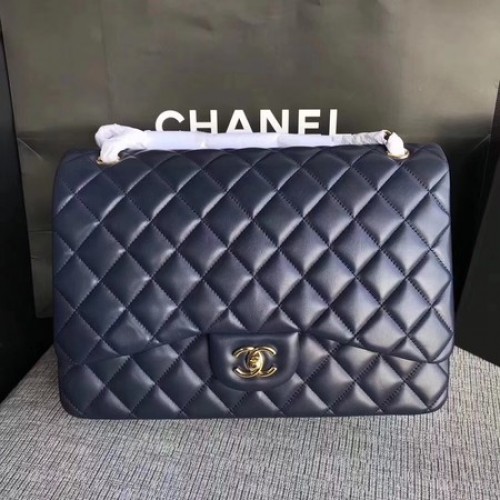 Chanel Maxi Quilted Classic Flap Bolso Azul Piel de oveja Cuero A58601 Oro