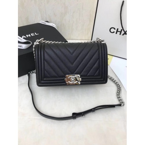 Chanel Boy Flap Caviar Original V Cuero Hombro Bolso Negro A67086 Plata