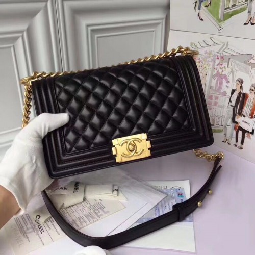 Chanel Boy Flap Original Piel de Oveja Hombro Bolso Negro A67086 Oro
