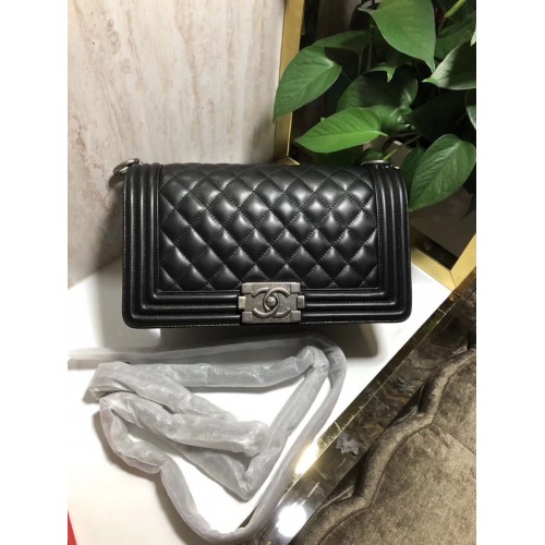 Chanel Boy Flap Original Piel De Oveja Hombro Bolso Negro A67086 Plata