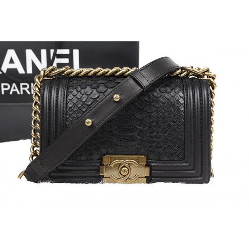 Chanel Boy Flap Shoulder Bag Black Original Python Leather A67085 Oro