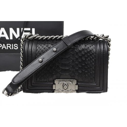 Chanel Boy Flap Shoulder Bag Black Original Python Leather A67085 Plata