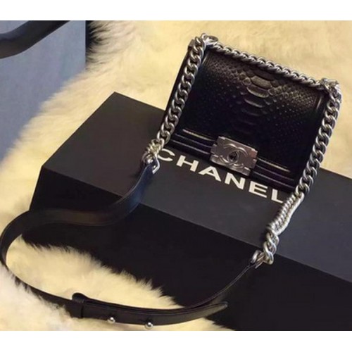 Chanel Boy Flap Shoulder Bag Black Python Leather A66094 Plata