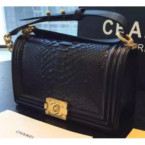 Chanel Boy Flap Shoulder Bag Black Python Leather A66095 Gold