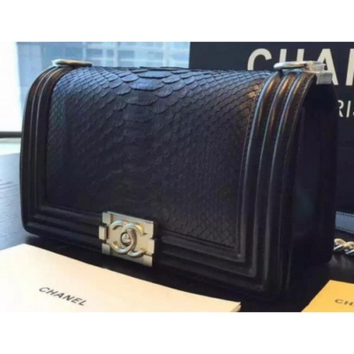Chanel Boy Flap Shoulder Bag Black Python Leather A66095 Plata