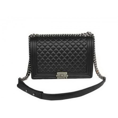Chanel Boy Flap Shoulder Bag Original Black Sheepskin Leather A67087 Silver