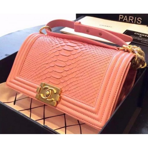 Chanel Boy Flap Shoulder Bag Pink Python Leather A66095 Oro
