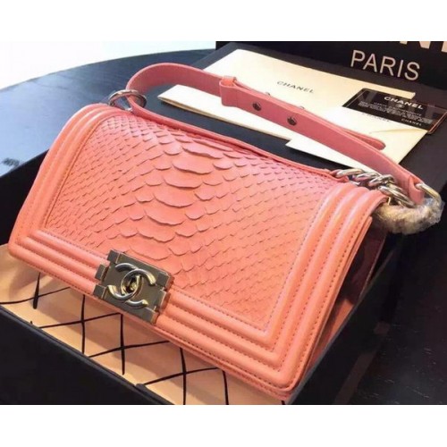 Chanel Boy Flap Shoulder Bag Pink Python Leather A66095 Plata