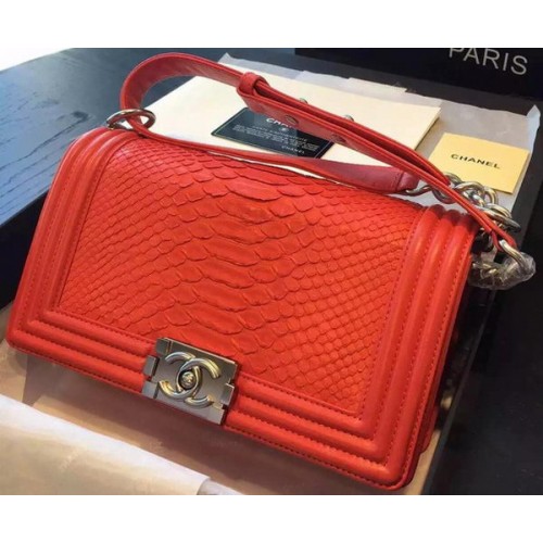 Chanel Boy Flap Shoulder Bag Red Python Leather A66095 Plata