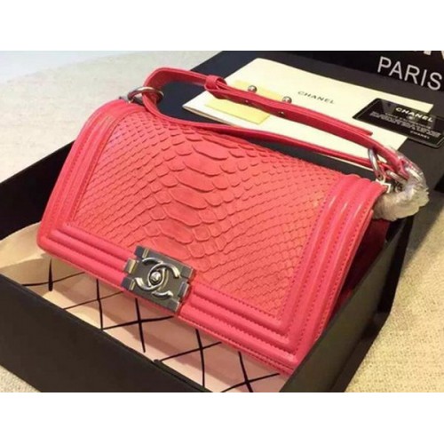 Chanel Boy Flap Shoulder Bag Rosy Python Leather A66095 Plata