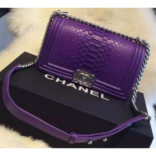 Chanel Boy Flap Shoulder Bag Violet Python Leather A66095 Plata