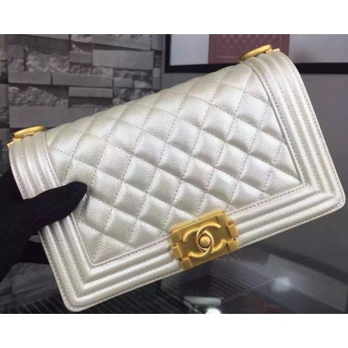 Chanel Boy Flap Bandolera Blanco Original Piel De Becerro A8708 Oro