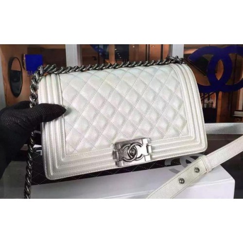 Chanel Boy Flap Bandolera Blanco Original Piel De Becerro A8708 Plata