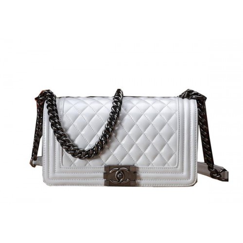 Chanel Boy Flap Bandolera Blanco Original Piel De Becerro CHA67086 Plata