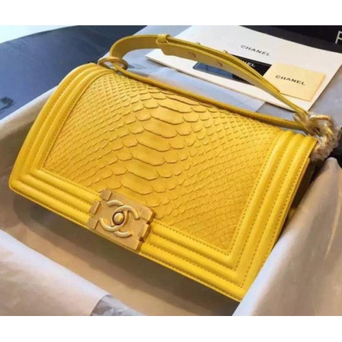 Chanel Boy Flap Shoulder Bag Yellow Python Leather A66095 Gold