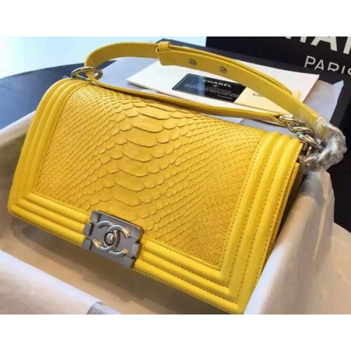 Chanel Boy Flap Shoulder Bag Yellow Python Leather A66095 Plata