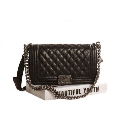 Chanel Boy Flap Shoulder Bag in Black Original Glazed Crackled A67086 Silver