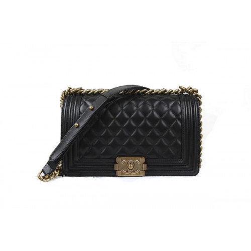 Chanel Boy Flap Shoulder Bag en piel de cordero negra original A67025 Gold