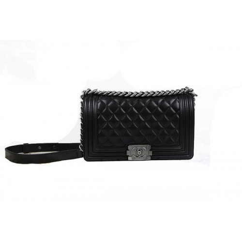 Bolso de hombro con solapa Chanel Boy en piel de cordero negra original A67025 Plata