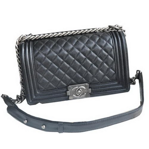 Chanel Boy Flap Bolsos de hombro Negro Cannage Patrón Cuero A67086 Plata