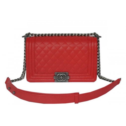 Chanel Boy Flap Bolsos de hombro Rojo Cannage Patrón Cuero A67086 Plata