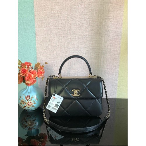 Bolso con solapa y asa superior de piel de cordero original CC de Chanel A92236 negro y metal dorado