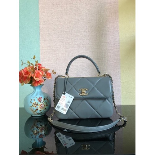 Bolso con solapa y asa superior de piel de cordero original CC de Chanel A92236 gris oscuro y metal dorado