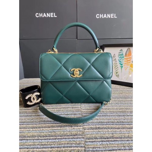 Bolso con solapa y asa superior de piel de cordero original CC de Chanel A92236 verde y metal dorado