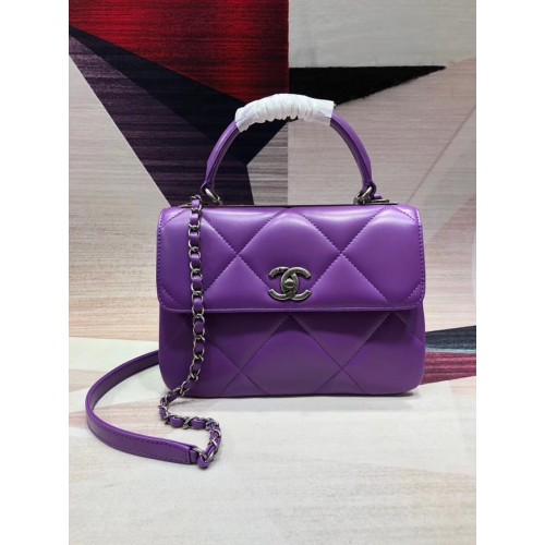 Bolso con solapa y asa superior de piel de cordero original CC de Chanel A92236 Metal en tono morado y plateado