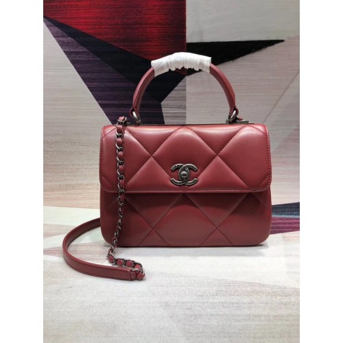 Bolso con solapa y asa superior de piel de cordero original CC de Chanel A92236 Metal en tono rojo y plateado