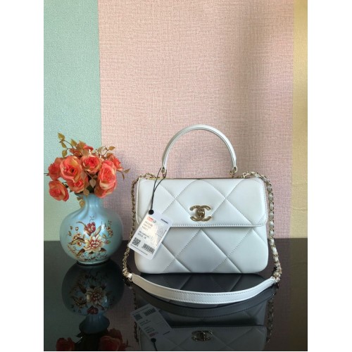 Bolso con solapa y asa superior de piel de cordero original CC de Chanel A92236 blanco y metal dorado