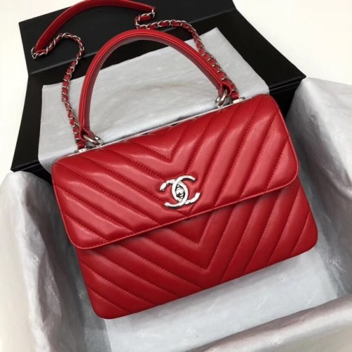 Bolso con solapa y asa superior de piel de cordero original CC de Chanel V92236 Metal en tono rojo y plateado